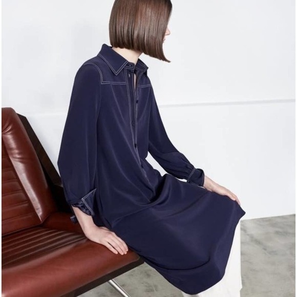 CO Collection Pre-Fall 29 Button Up Long Sleeve Midi Dress Navy Blue Size Medium - Picture 1 of 9